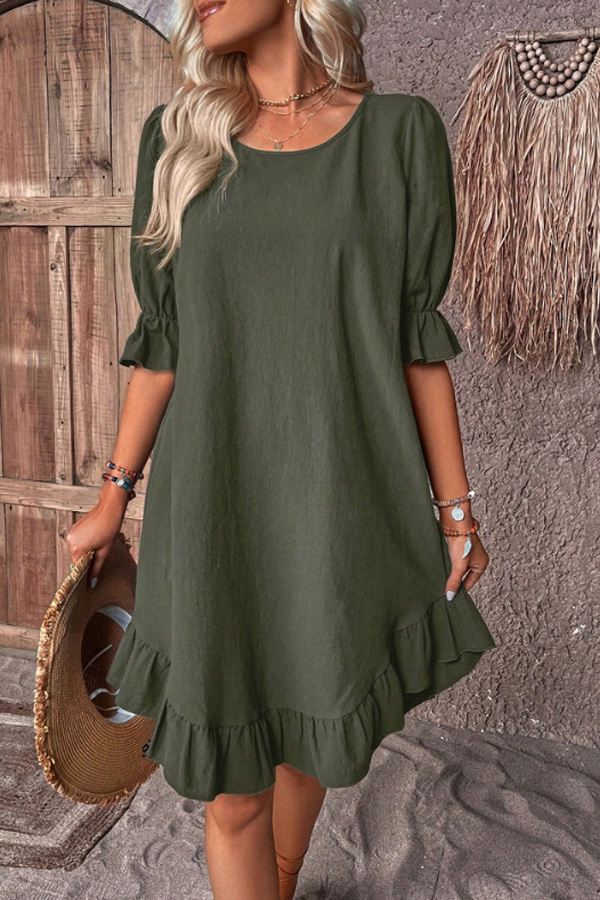 Solid Round Neck Ruffle Hem Linen Dress