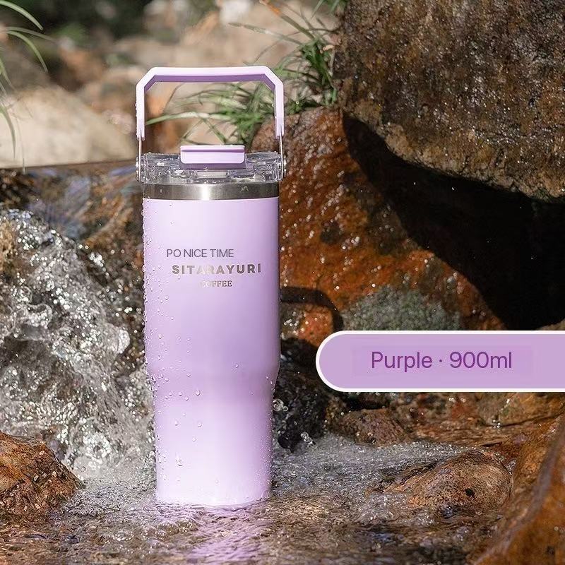 Portable stainless steel thermos flask, stylish design, convenient dual-drink straw water bottle, car water cup