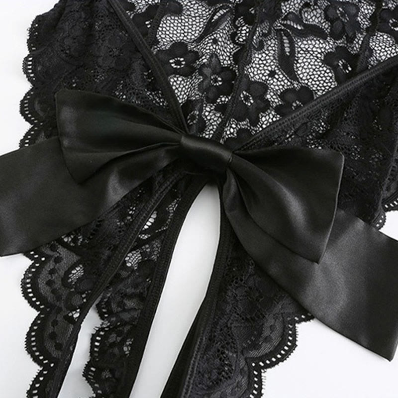 Lace See-through Bow Jumpsuit Lingerie With Breast Pads