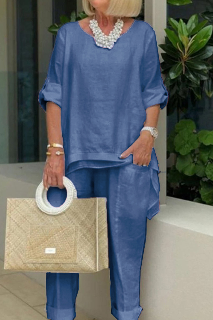 Casual Cotton Linen Solid Two Piece Set