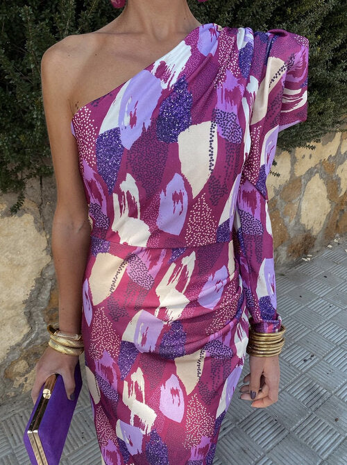 Purple Puff One Shoulder Midi Dress