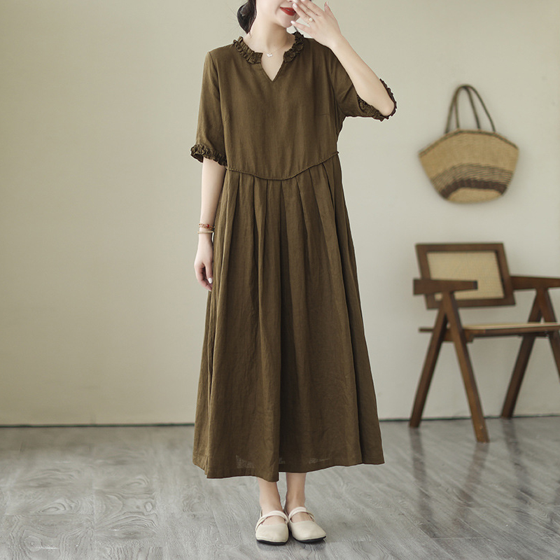 Vintage Cotton Numb Ear V Neck Midi Dress