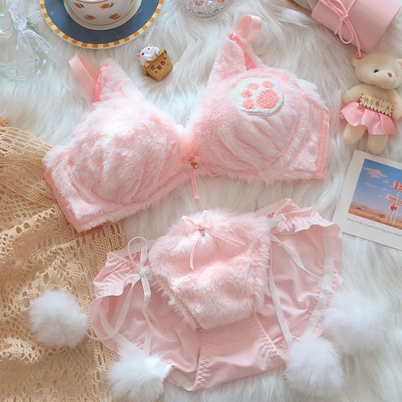Kawaii Cat Claw Embroidery Plush Lingerie Set
