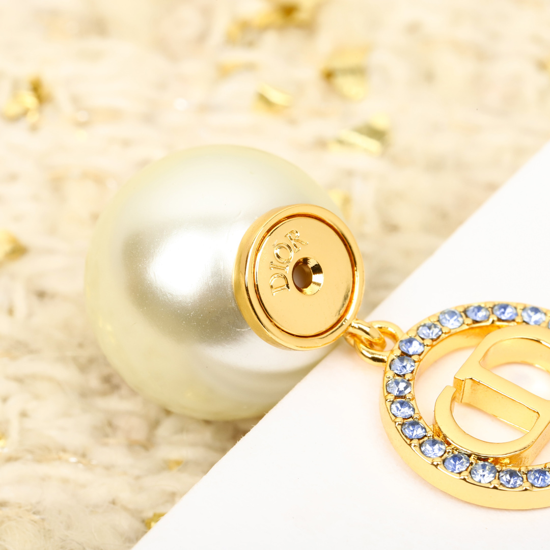 Dior Round Crystal CD Double Ball Pearl Earrings