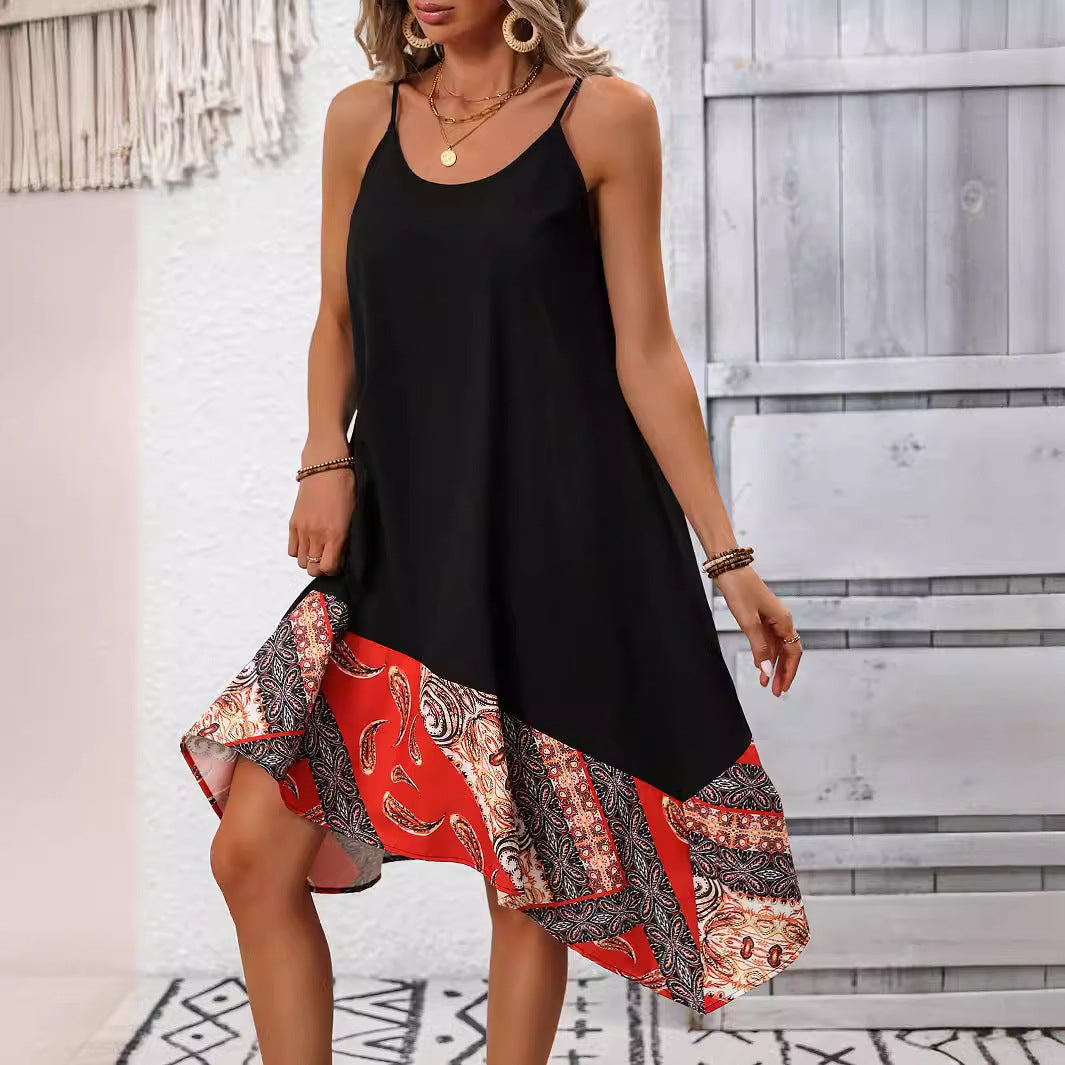 Women Summer Casual Cool Printed Sling Round Neck Non Standard Hem Stitching Dress Hours