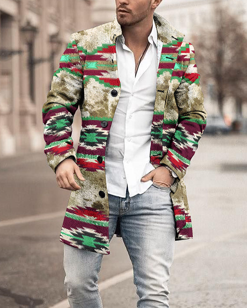 Green Vintage Ethnic Style Pattern Lapel Mid Length Coat