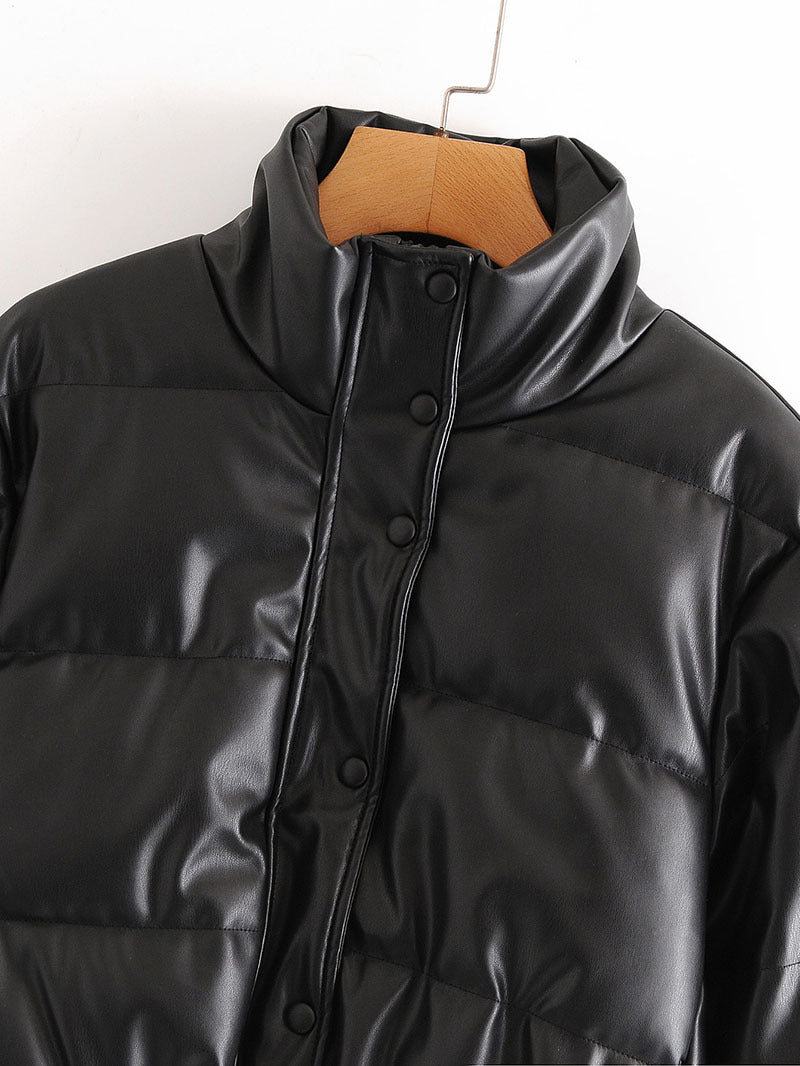 Autumn Winter Leather Coat Women Stand Collar Short Warm Bread Cotton Padded Jacket