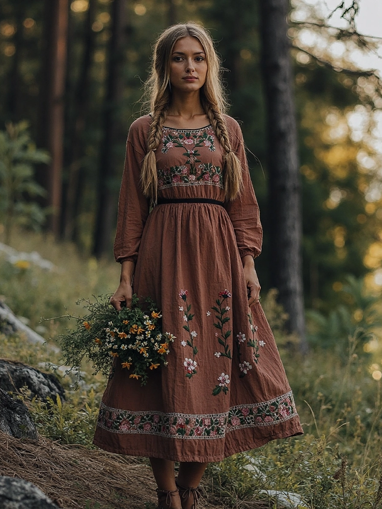 Vintage Plant Floral Embroidered Waist Closing Cotton Linen Dress