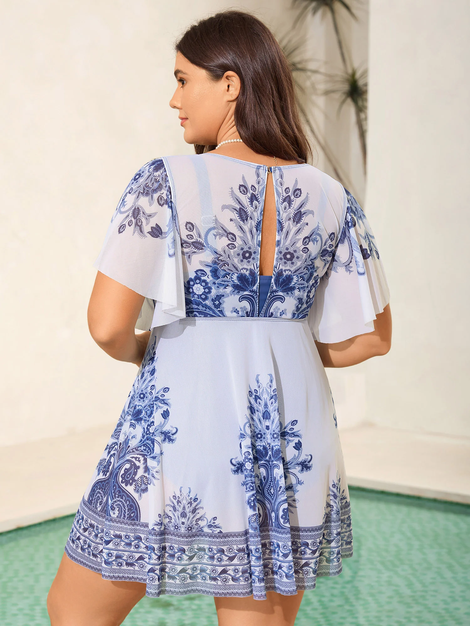 Boho Print Sheer Back Adjustable Buckle Swim Dress