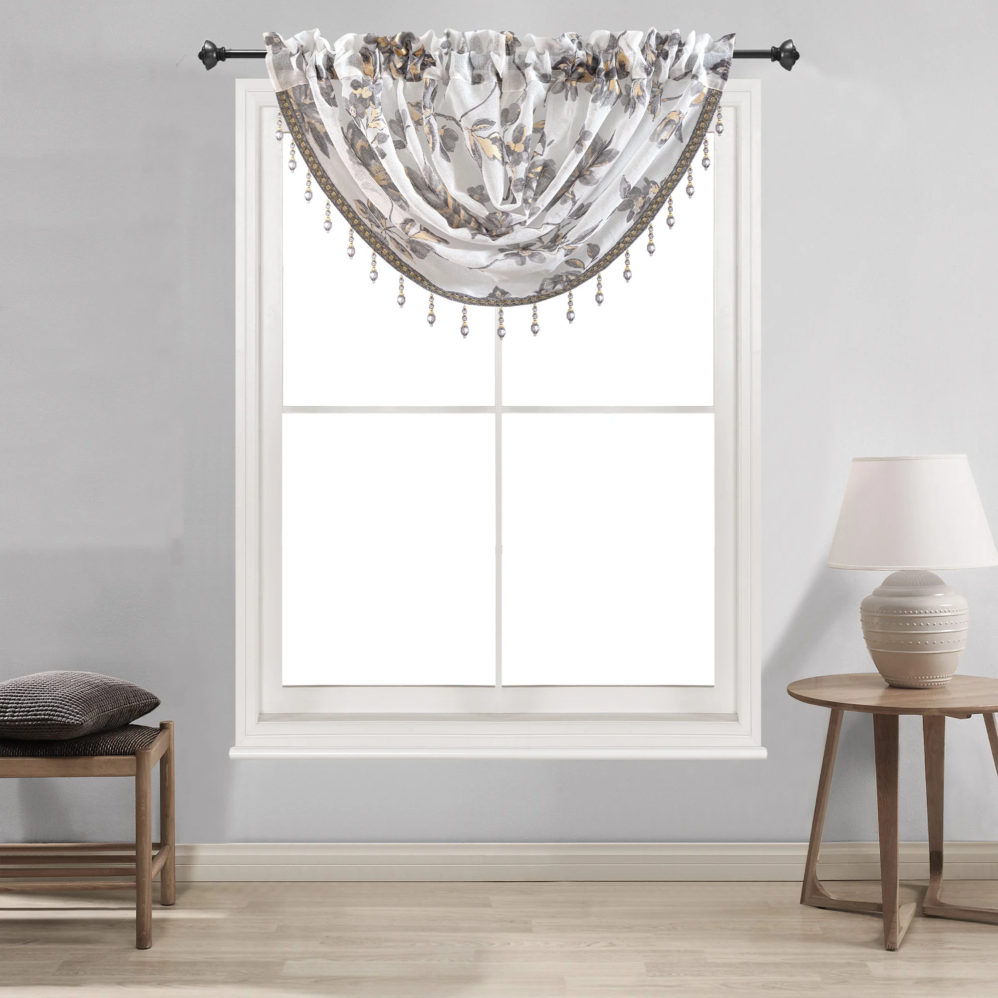 Anna Sheer Metallic Floral Rod Pocket Window Panel & Waterfall Valance, All Sold Separately