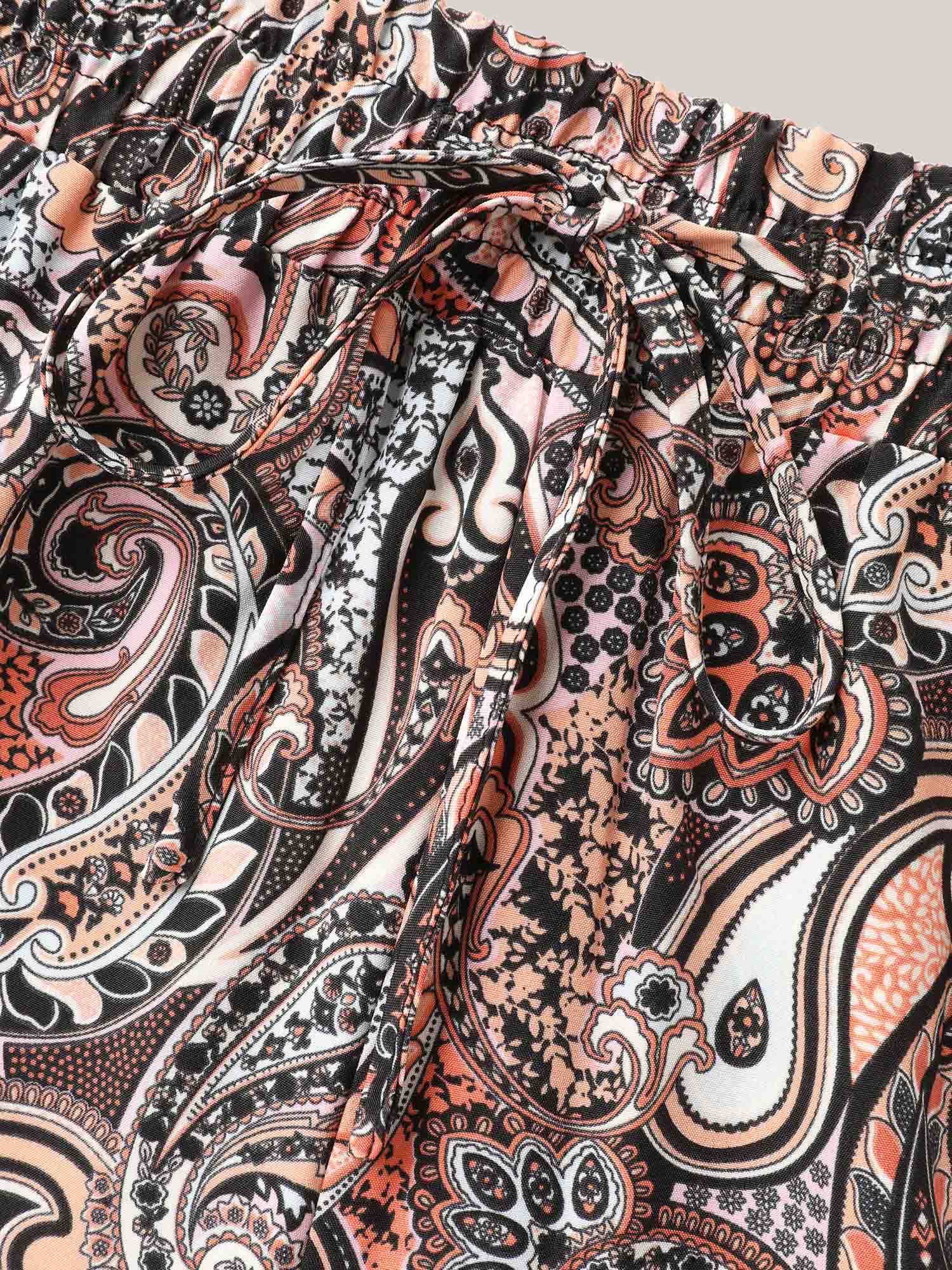 Paisley Print Drawstring Wide-Leg Pants