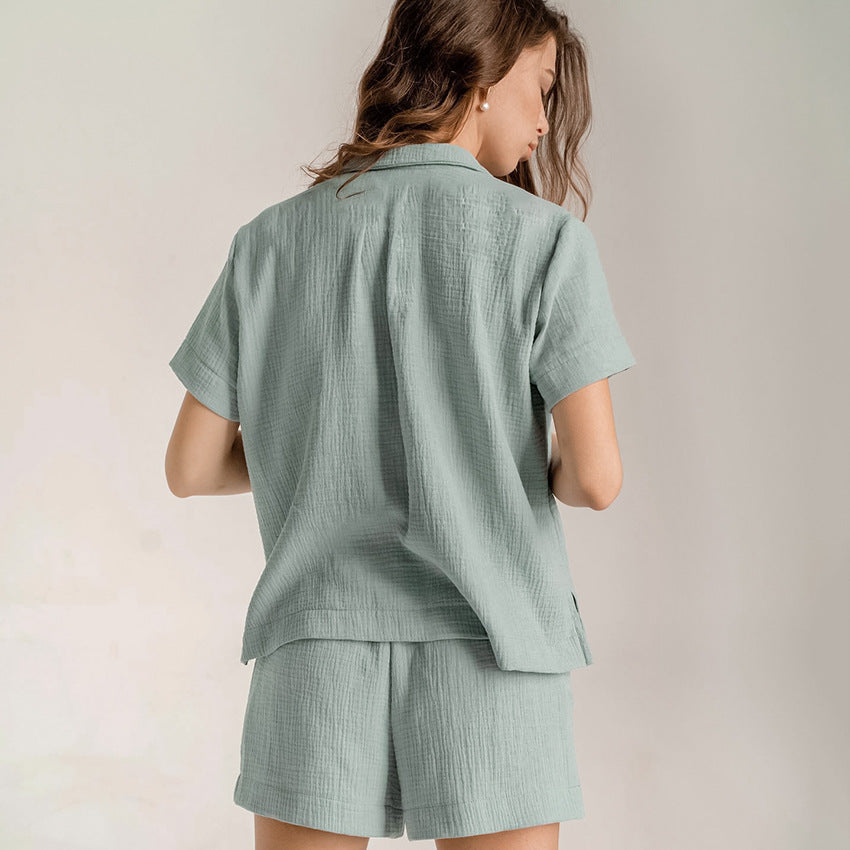 Women Summer Cotton Linen French Simplicity Sports Shirt Shorts Double Layer Gauze Pajamas Women Homewear