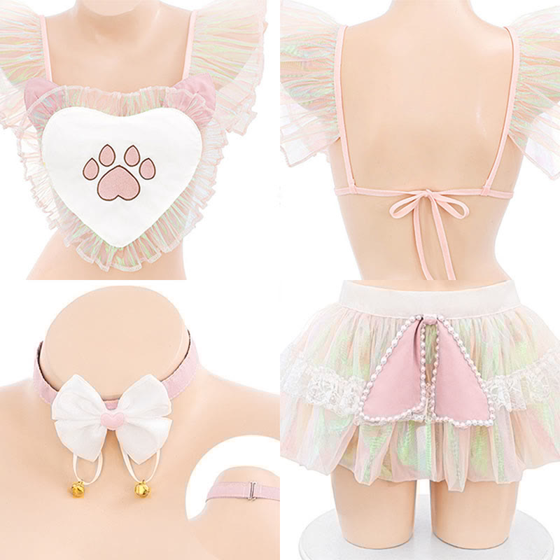 Colorful Cat Paw Print Heart Lace Bra Skirt Lingerie Set