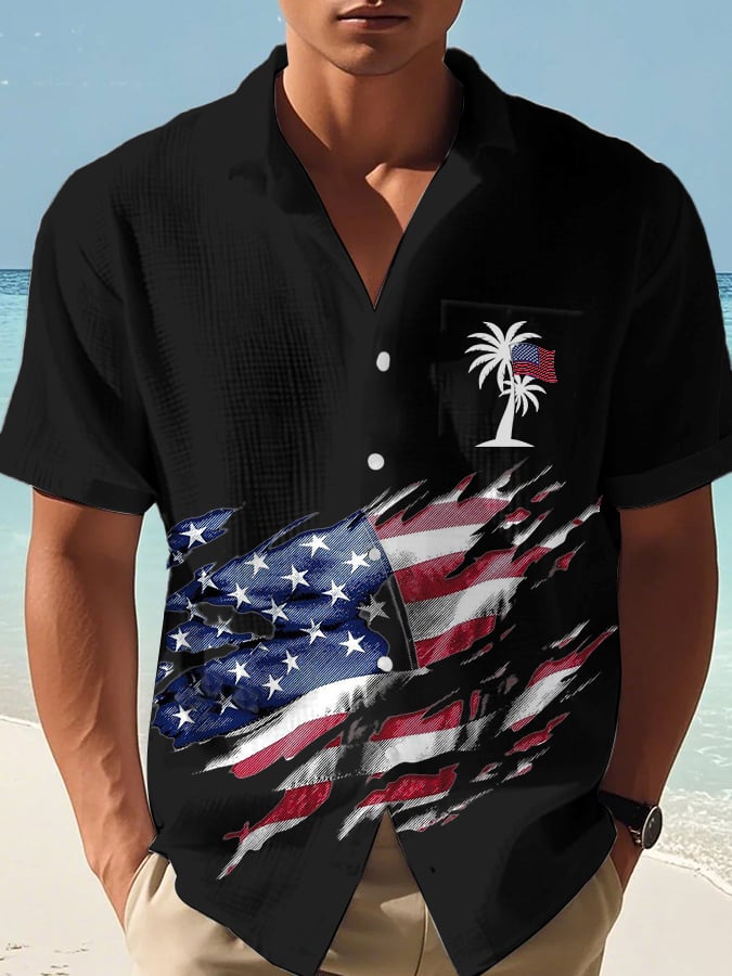Men's Casual Flag Independence Day Coconut Tree Print Waffle Men's Shirt