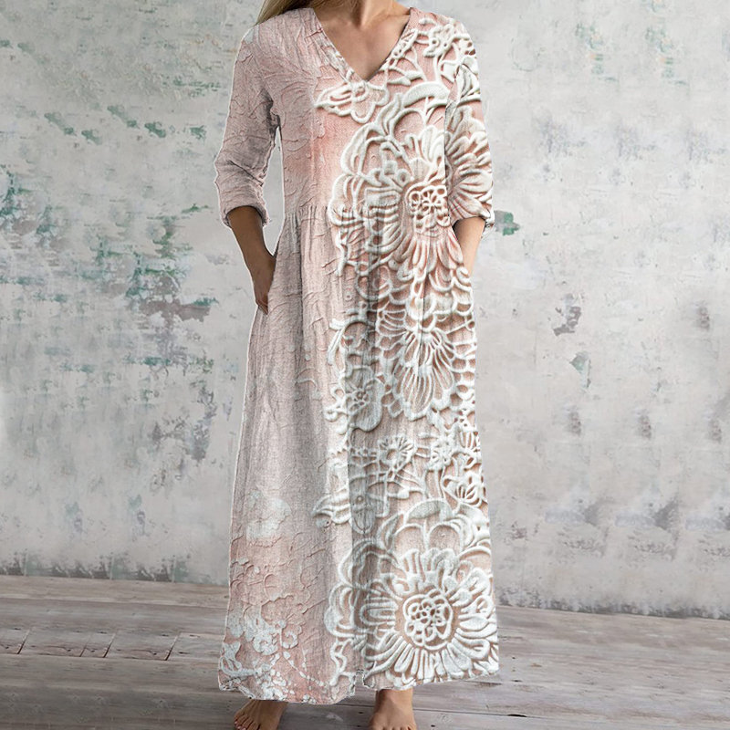 Vintage Floral Lace Linen Blend V Neck Maxi Dress