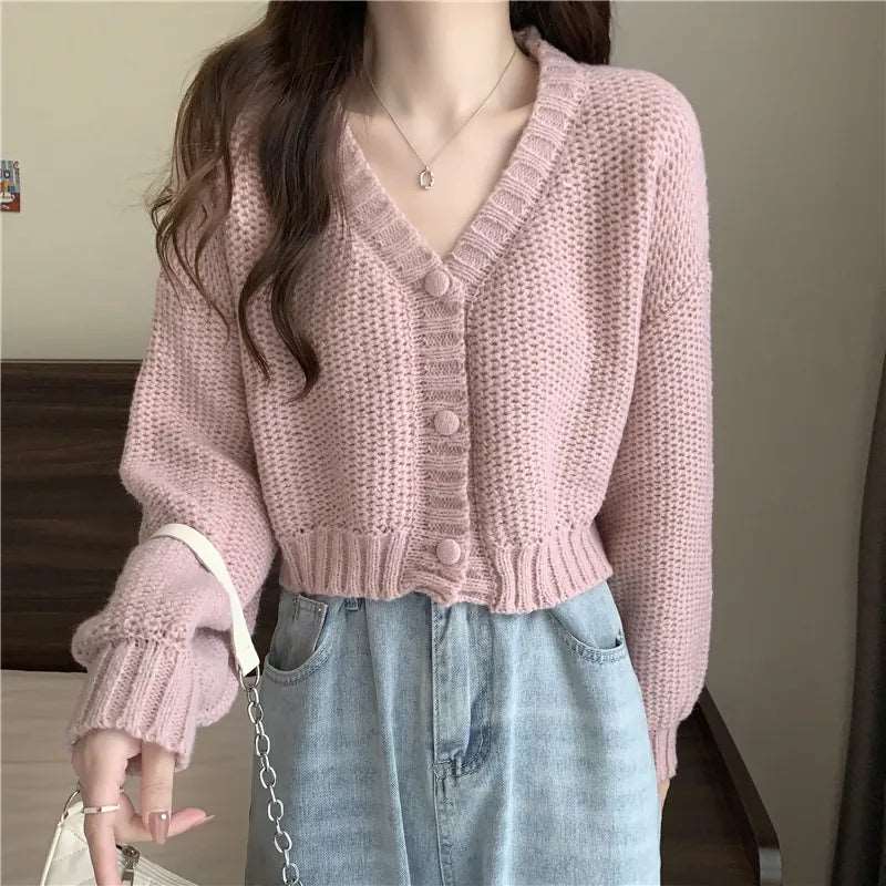 Button-Up V-Neck Knit Cardigan