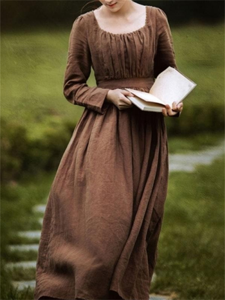 Elegant Retro Square Neck Long Sleeve Maxi Dress