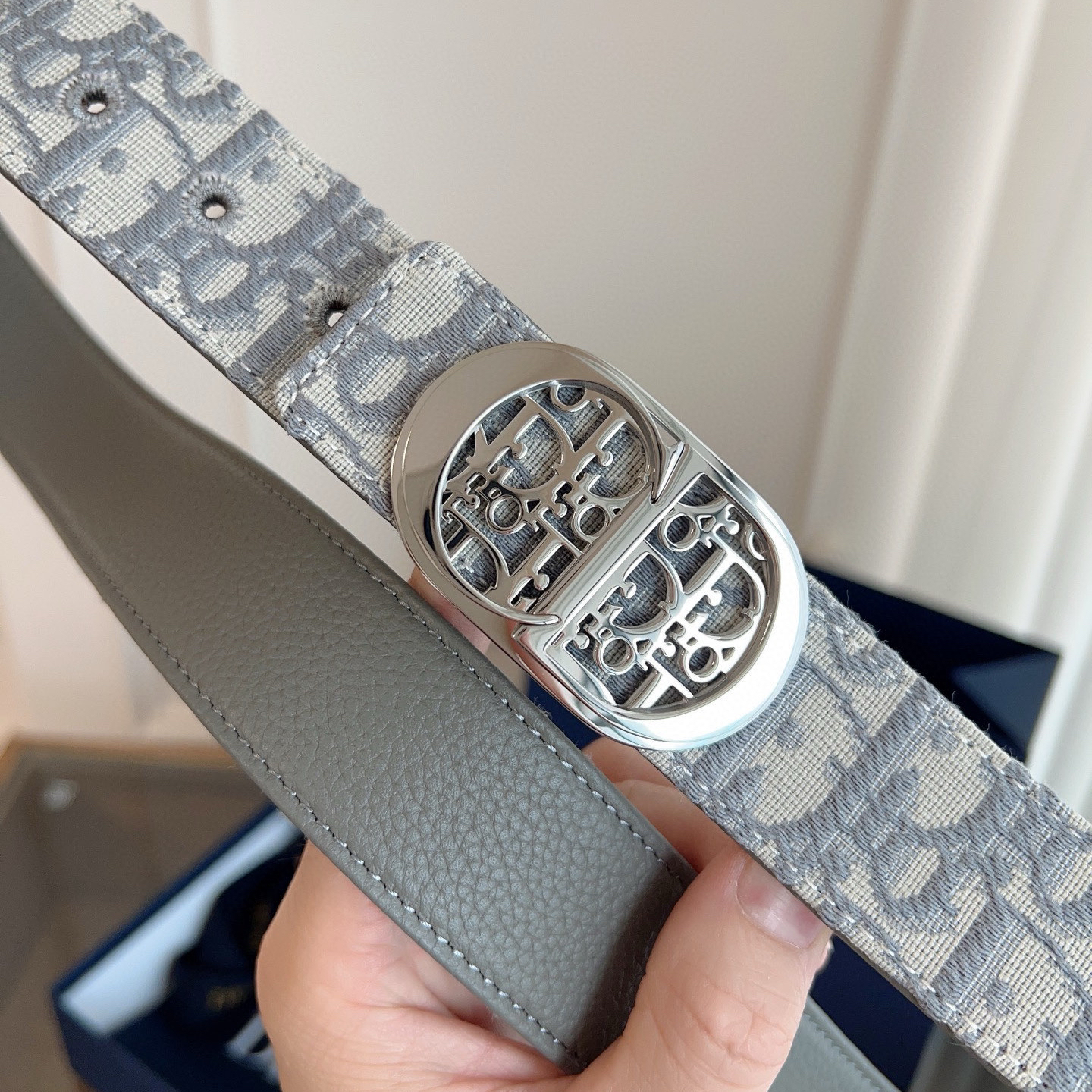 Dior Oblique grey cloth grey cowhide leather belt width 3.5cm
