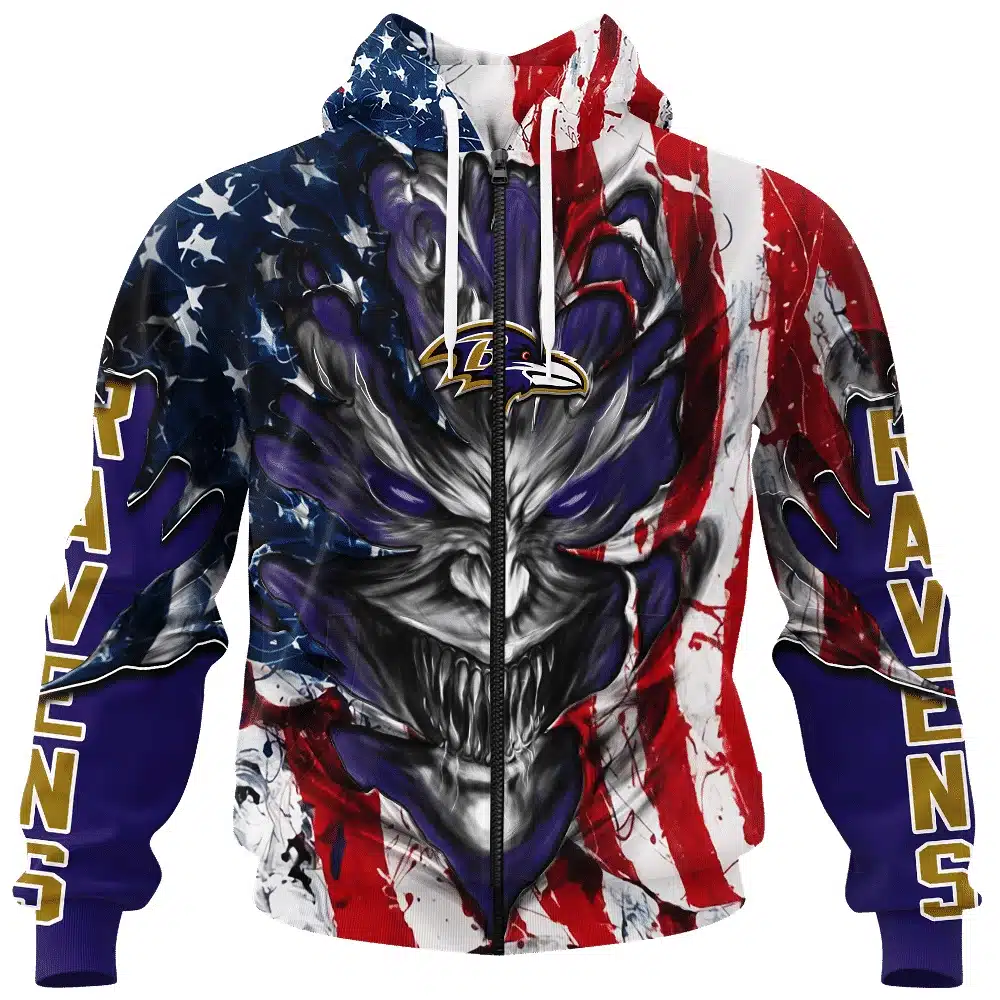 BALTIMORE RAVENS DEMON FACE AMERICAN FLAG-3D UNISEX HOODIE
