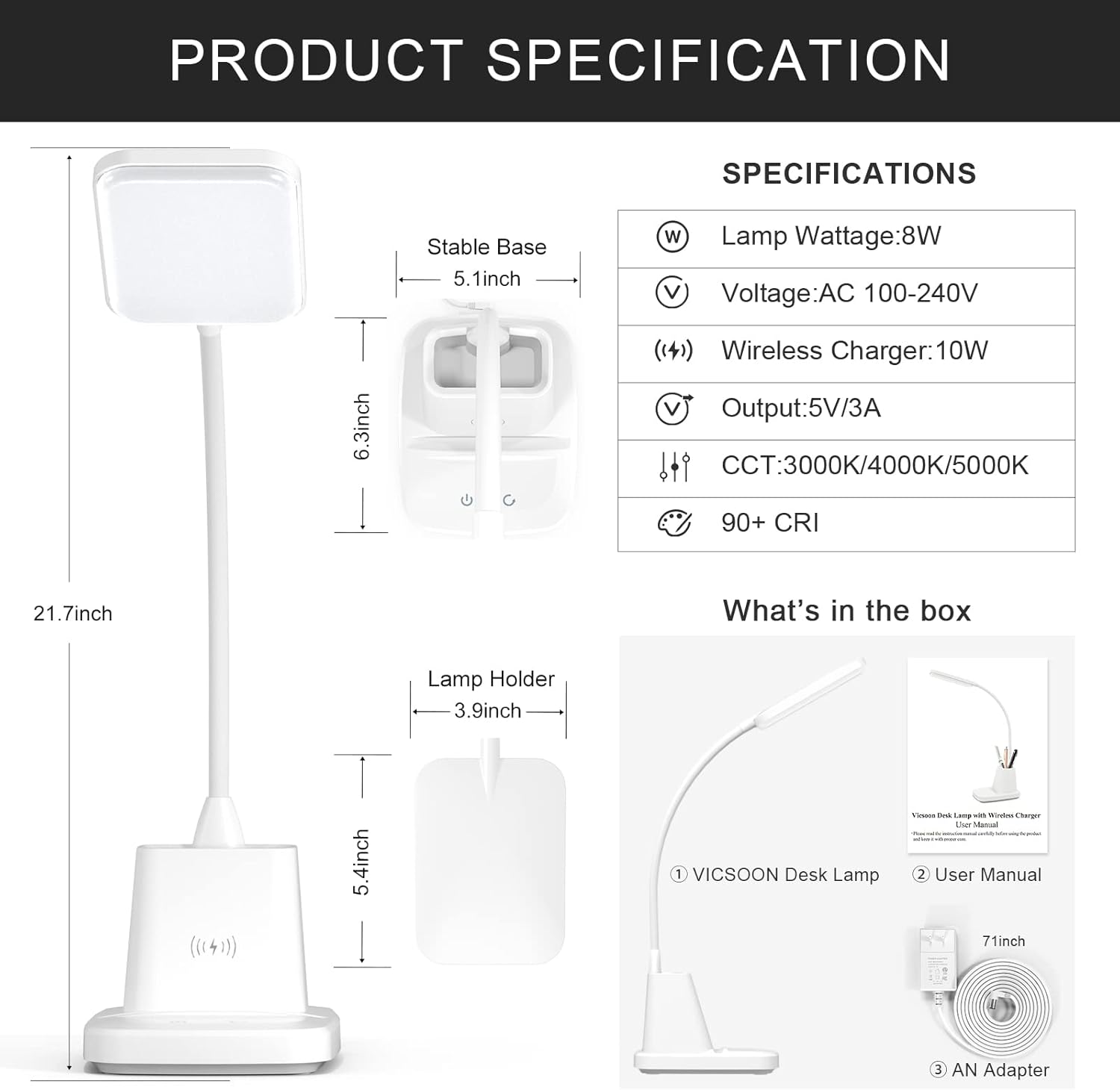 Desk Lamp with Wireless Charger, LED Desk Lamps for Home Office, 800 Lumens, Small Desk Lamp with Pen Holder, Flexible Arm, 3 Modes, Dimming, Touch Lamp for College Dorm Room