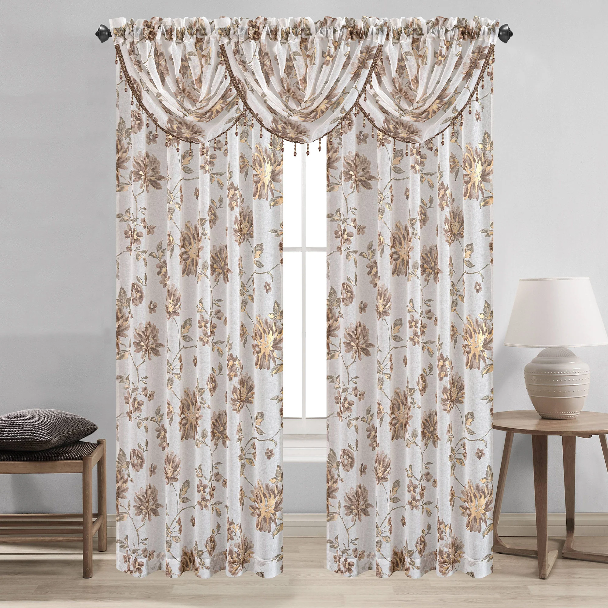 Anna Sheer Metallic Floral Rod Pocket Window Panel & Waterfall Valance, All Sold Separately