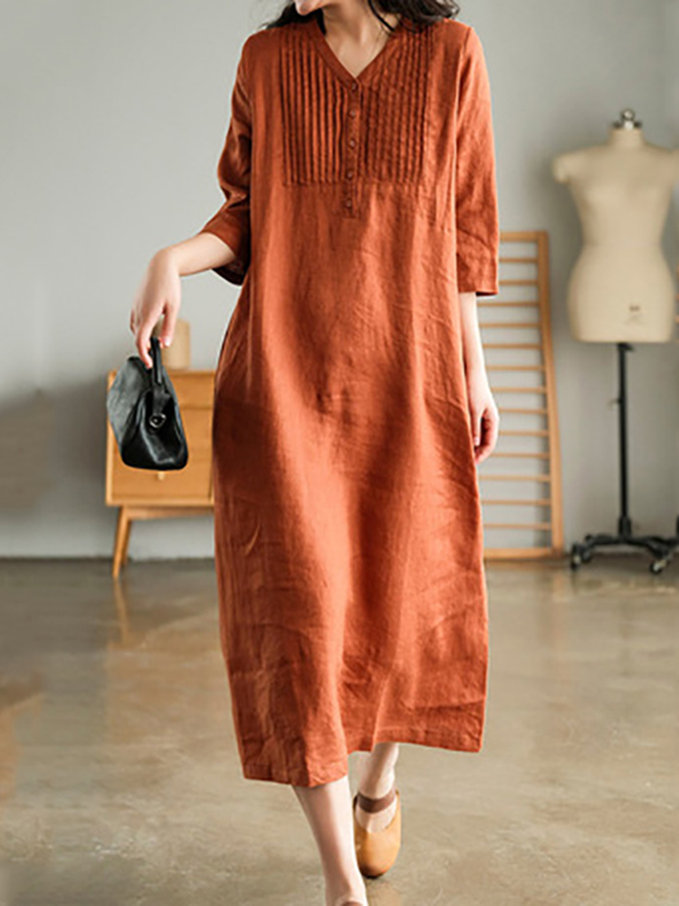 Literary Half Sleeve Fashion V Neck Mid-Length Dress