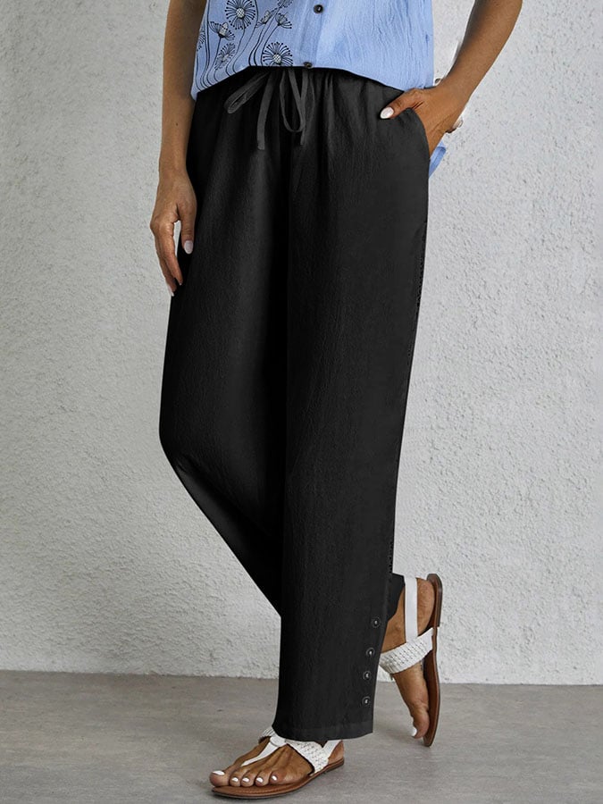 Casual Elegant Lace-Up With Pockets Buttons Lace Side Cotton Linen Trousers