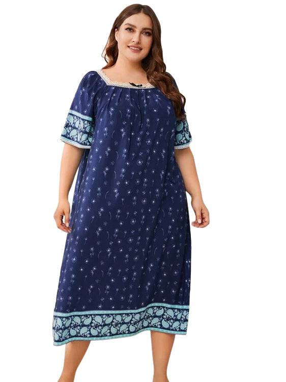Plus Size Homewear Pajamas Lace Stitching Short Sleeve Printed Nightdress Women