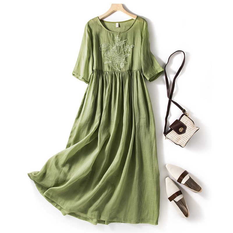 Embroidered Round Neck Short Sleeve Loose Midi Dress