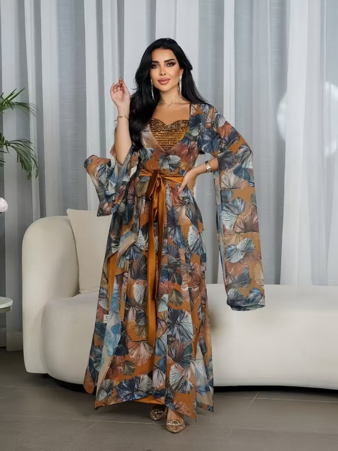 Gorgeous Print Chiffon Beaded Jalabiya Two-Piece Set with Belt