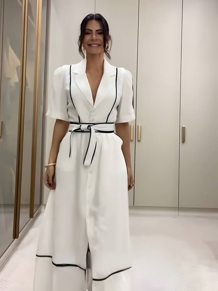 Tight Waist Belt Bubble Short-Sleeved Suit Dress