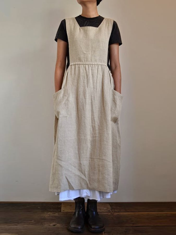 women's cotton linen high waist loose dress