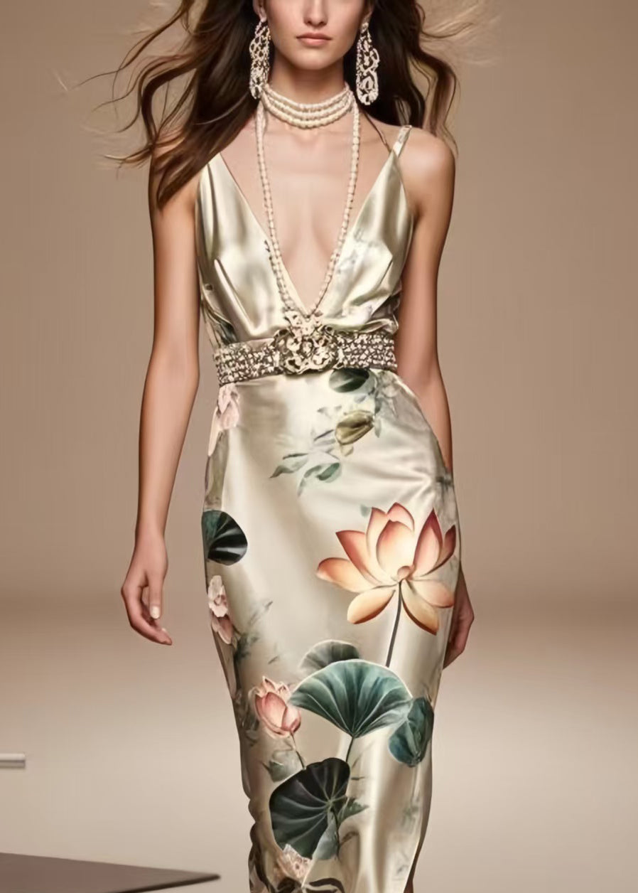 French Champagne Print Side Open Silk Tunic Dress Summer