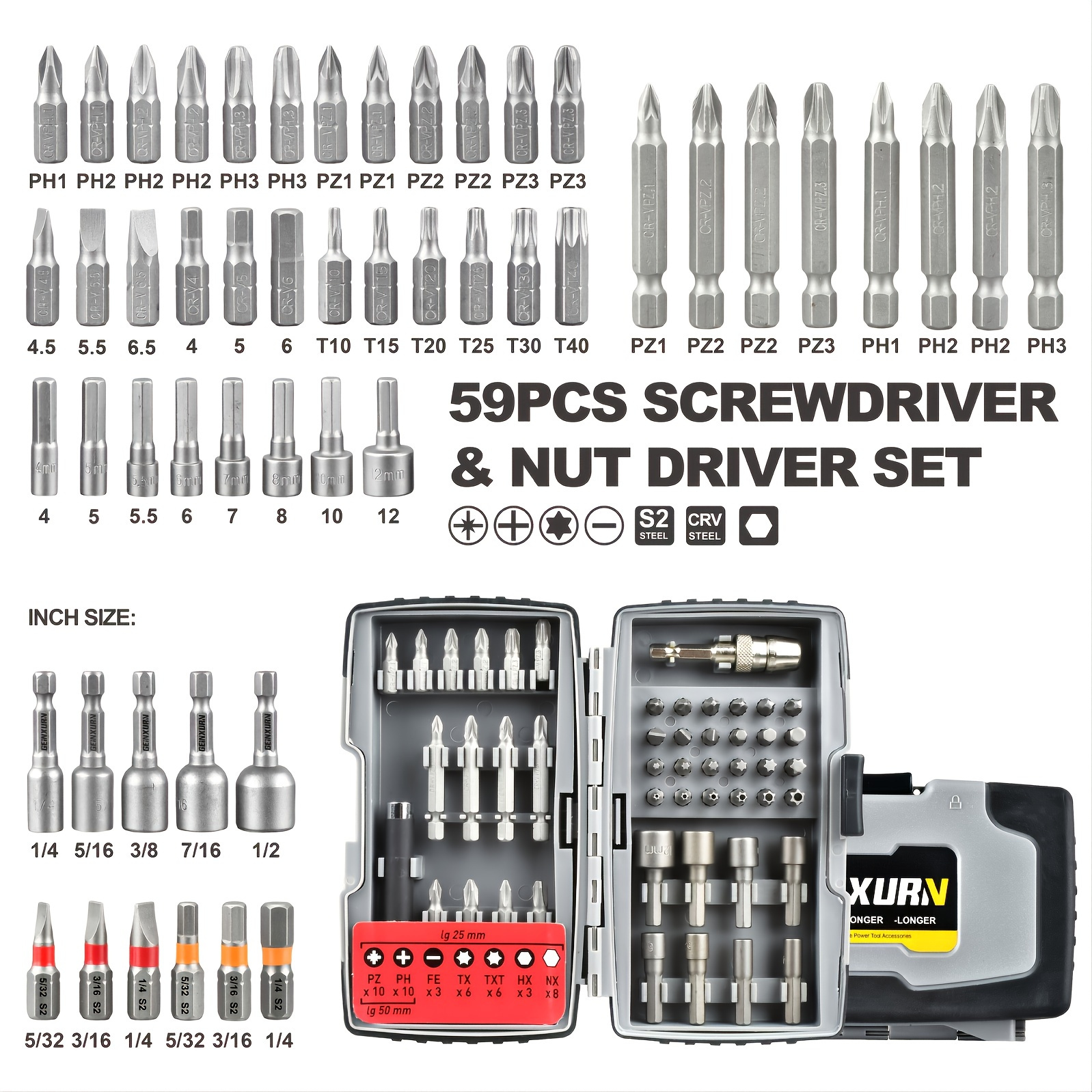 GEINXURN 59pcs Steel Screwdriver And Nut Driver Bit Set With Storage Case Impact Magnetic Screw Guides Quick Change Holder For Drill Driver