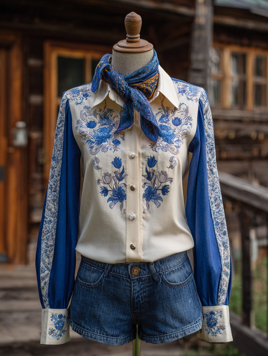 Women's Vintage Floral Print Western Long Sleeve Double Pocket Shirt