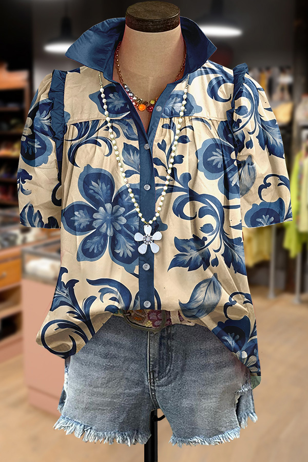 Elegant Flower Print Short Sleeve Blouse