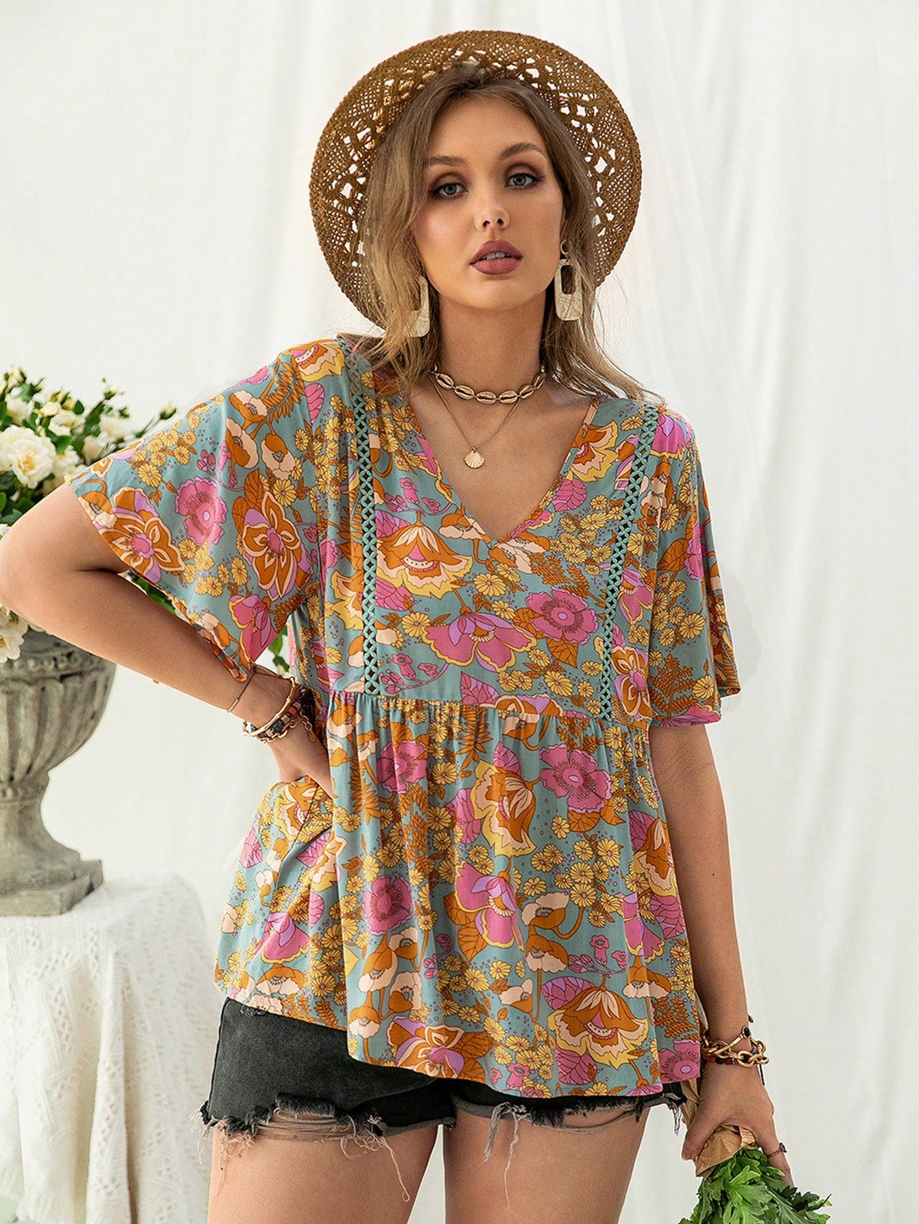 Plus Size Bohemian Lace Multi Color Shirt V neck Women Clothing