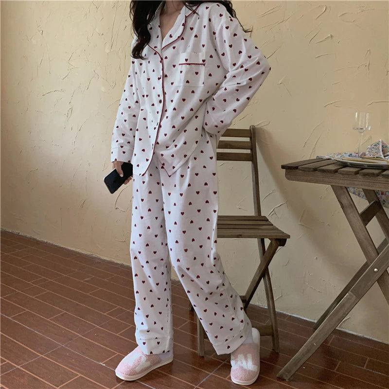 Hearts Full Printed 2Pcs Pajamas Set