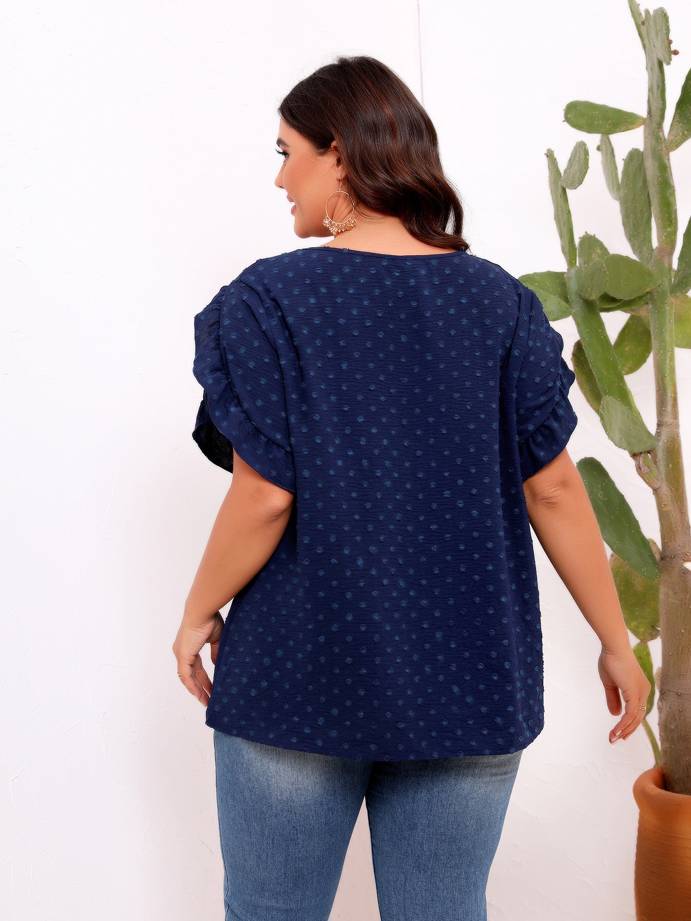 Plus Size Women Ruffle Sleeve round Neck Short Sleeve Shirt