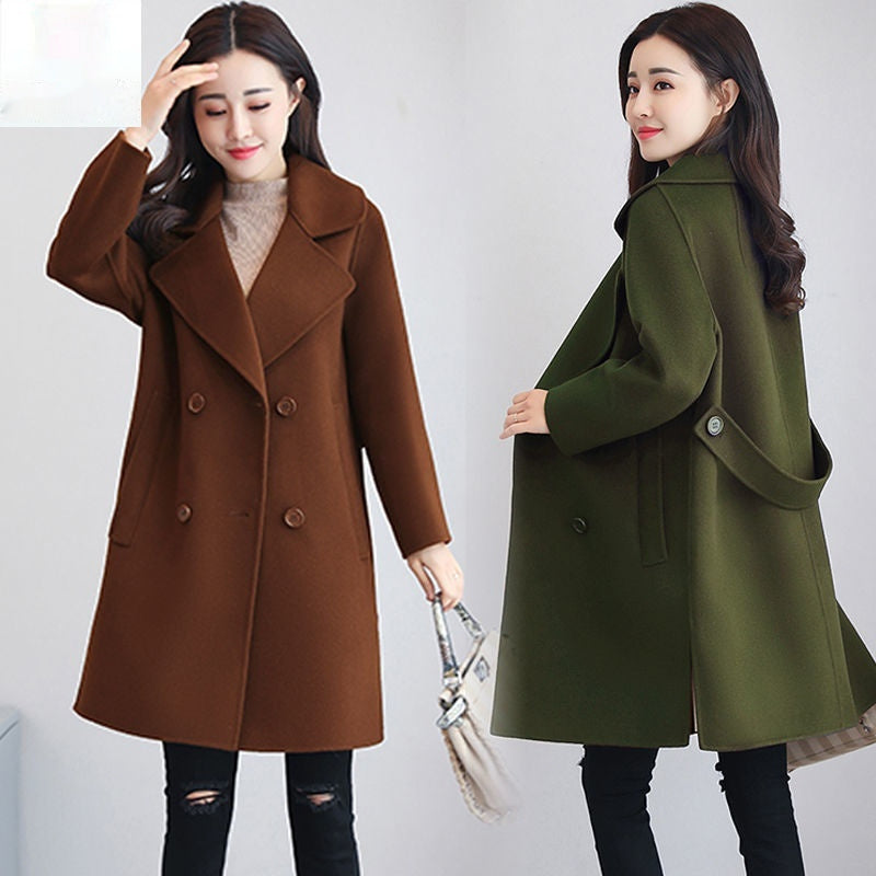 Cotton and Wool Blend Thickened Slimming Wool Overcoat for Women