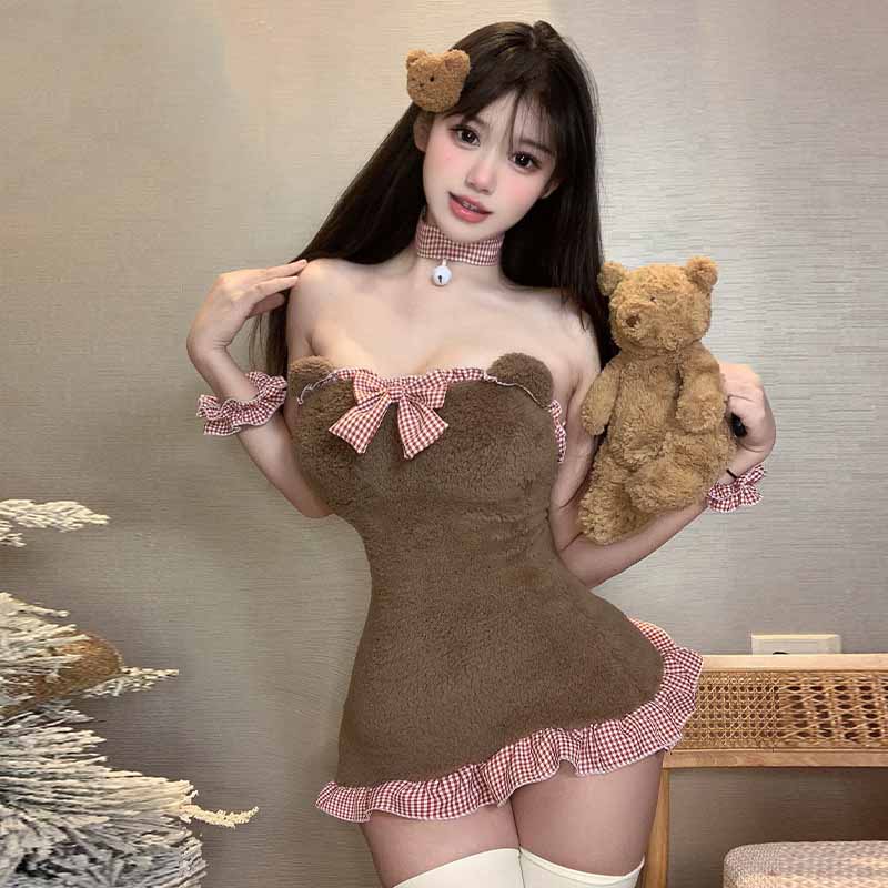Cosplay Maid Plaid Bear Plush Lingerie Set