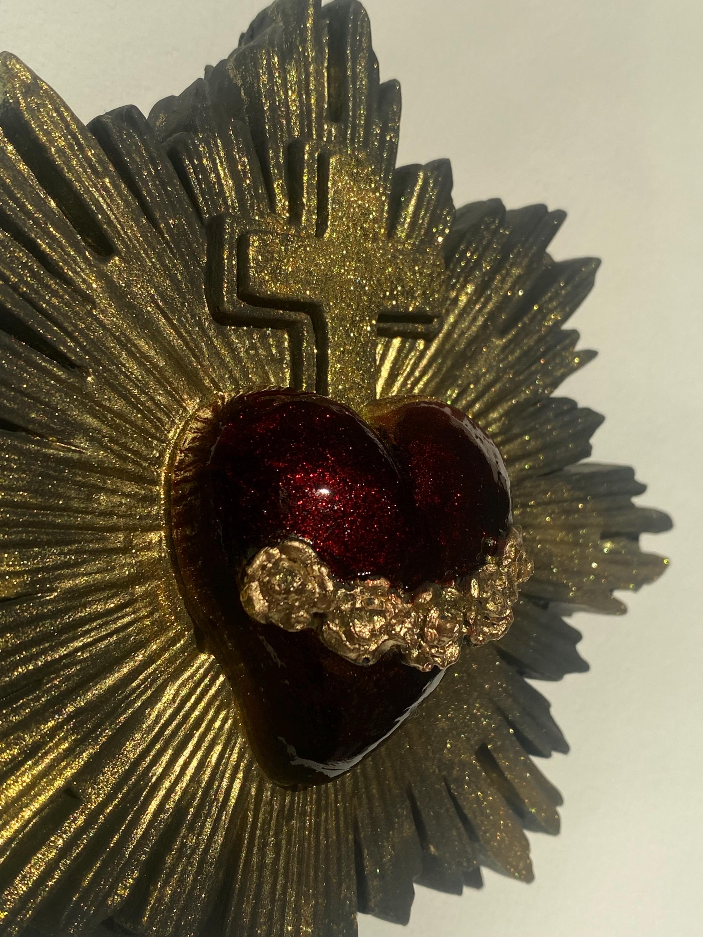 Sacred Heart Wall Decor, Milagro Heart, Flaming Heart & Cross, Handmade.