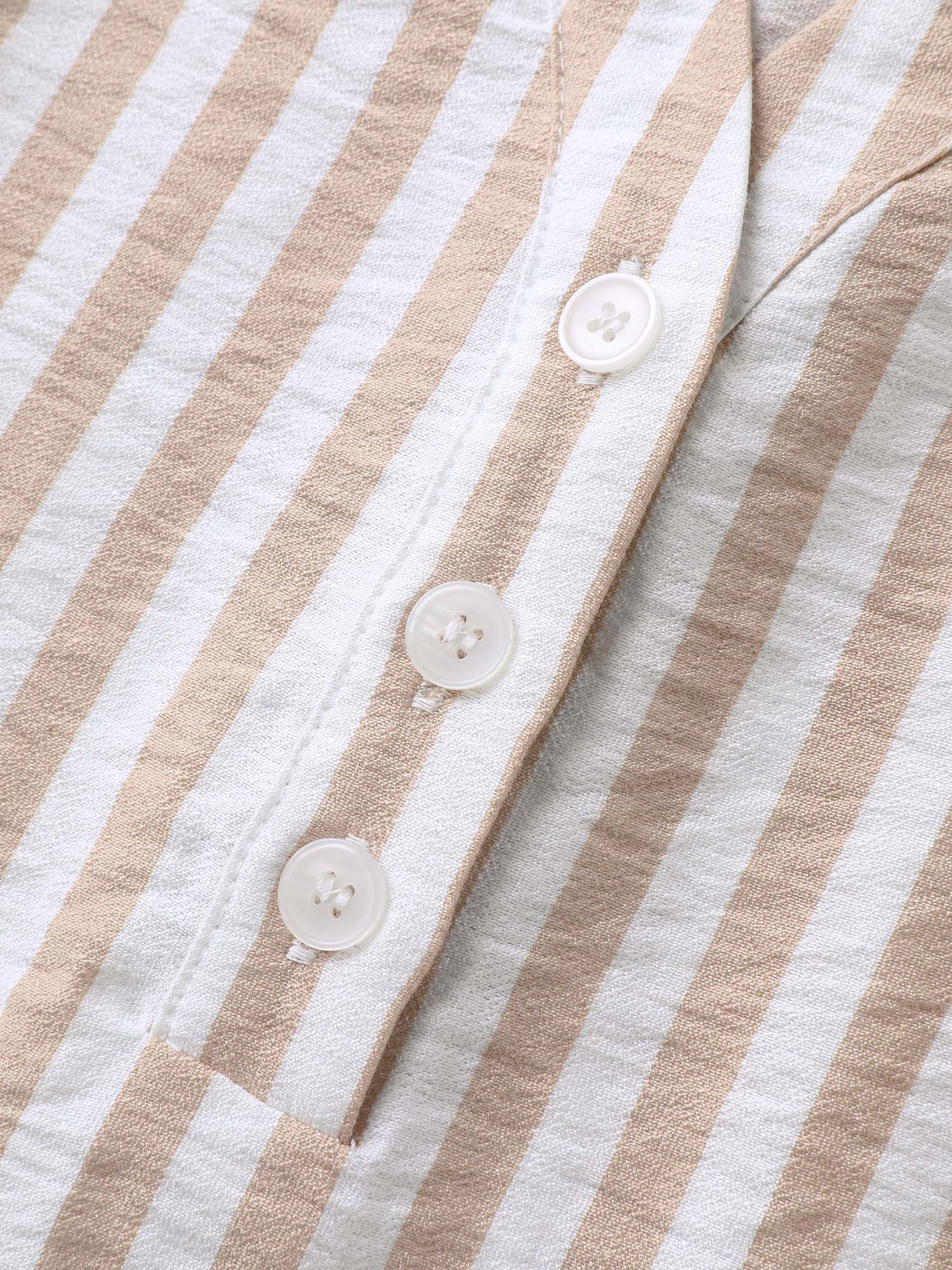 Stripe Print Tab Sleeve Notched Collar Blouse