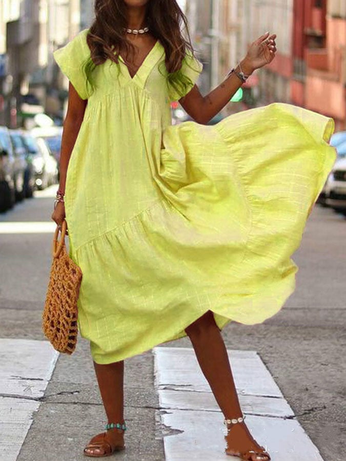 Solid Color V-Neck Short Sleeve Dress