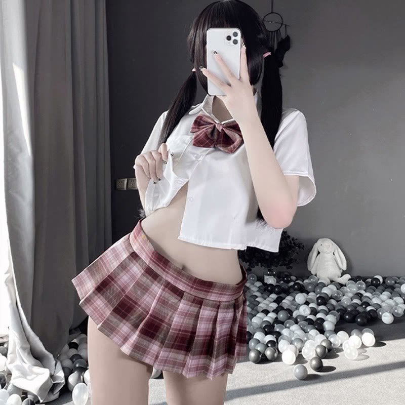 JK Uniform Shirt Plaid Pleated Skirt Lingerie Set