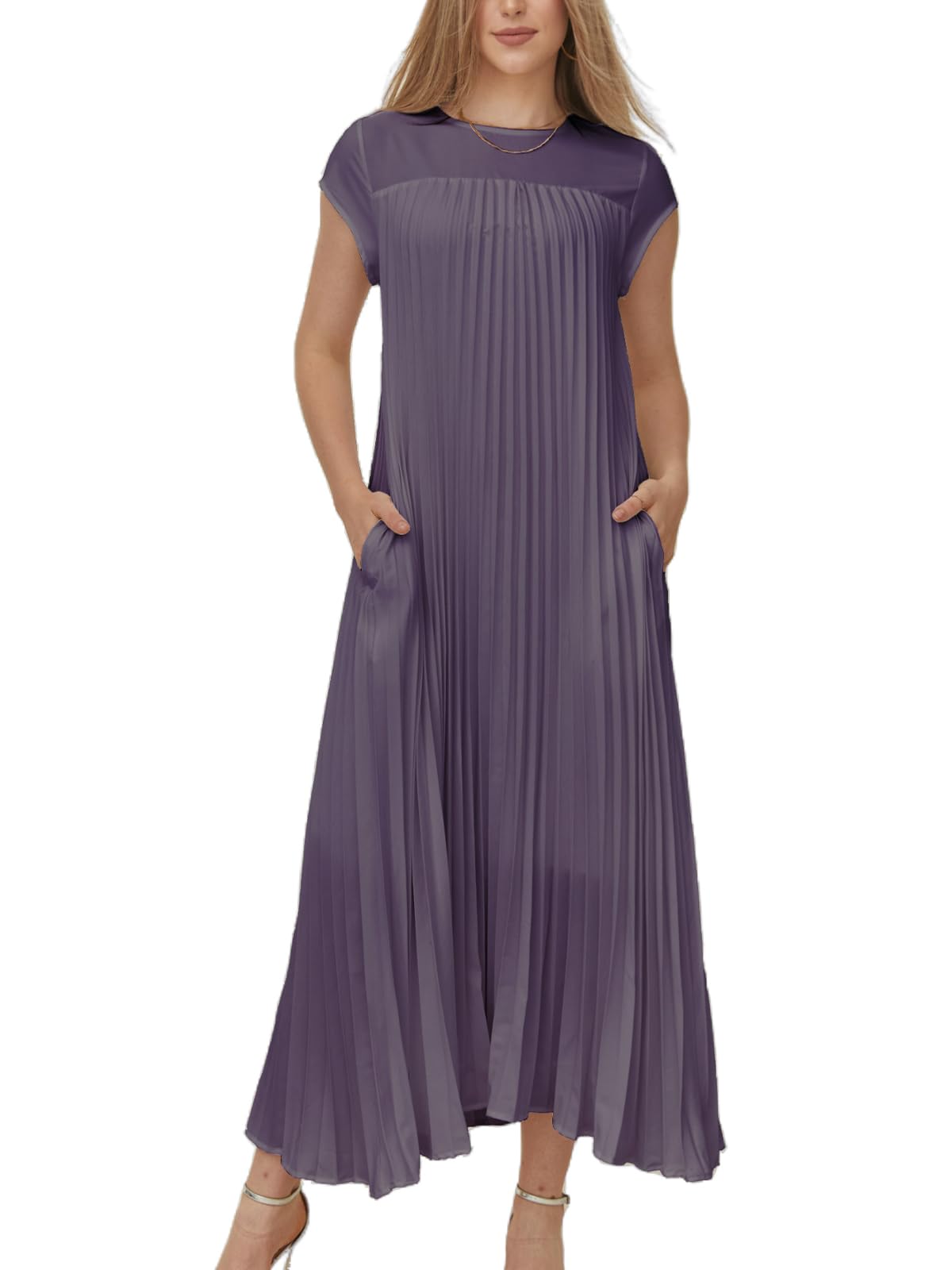 ON SALE🔥Women Summer Pleated Maxi Dress Casual Short Sleeve Long Dress with Pockets