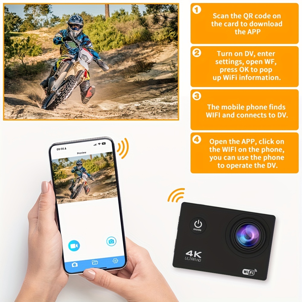 Action Camera 4K Ultra HD - Waterproof, WiFi, Remote Control, 8GB Card, 170° Wide-Angle Lens - Capture Your Adventures Like Never Before