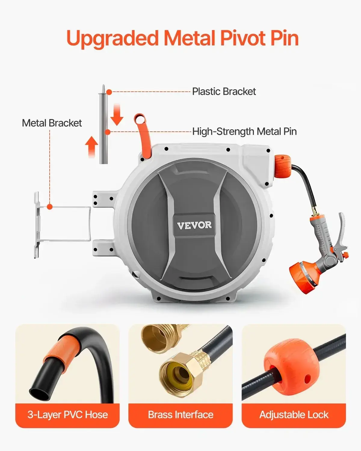 Retractable Garden Hose Reel,  5/8 Inch x 100 ft Wall Mounted, Heavy Duty with 9-Pattern Nozzle, Adjustable Length Lock, Upgraded Slow Return System & 180° Swivel Bracket