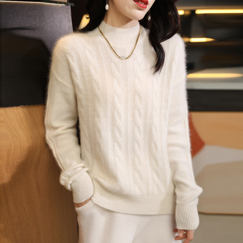 Women's Pure Wool Sweater with Half Turtleneck and Thick Twist Knit Design