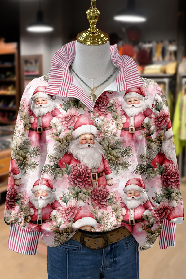 Vintage Christmas Santa Print Striped Long Sleeve Top